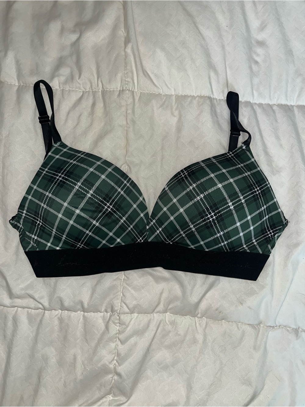 PINK Victoria's Secret Green Plaid Wireless Bralette with Black Band